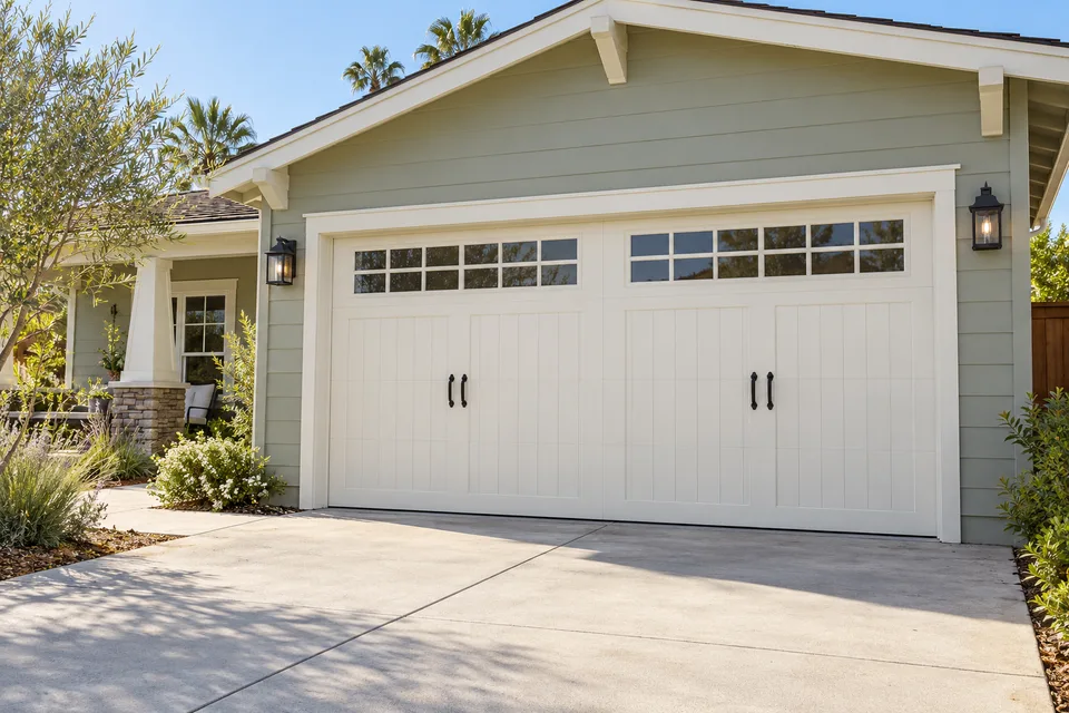 White carriage-style garage door design with upper windows