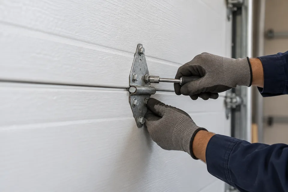 Hands adjusting a garage door hinge with a socket driver