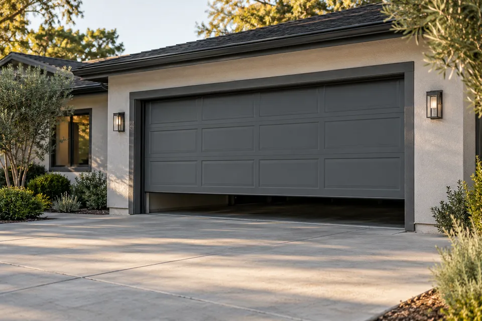 Charcoal sectional garage door partially raised above a residential driveway