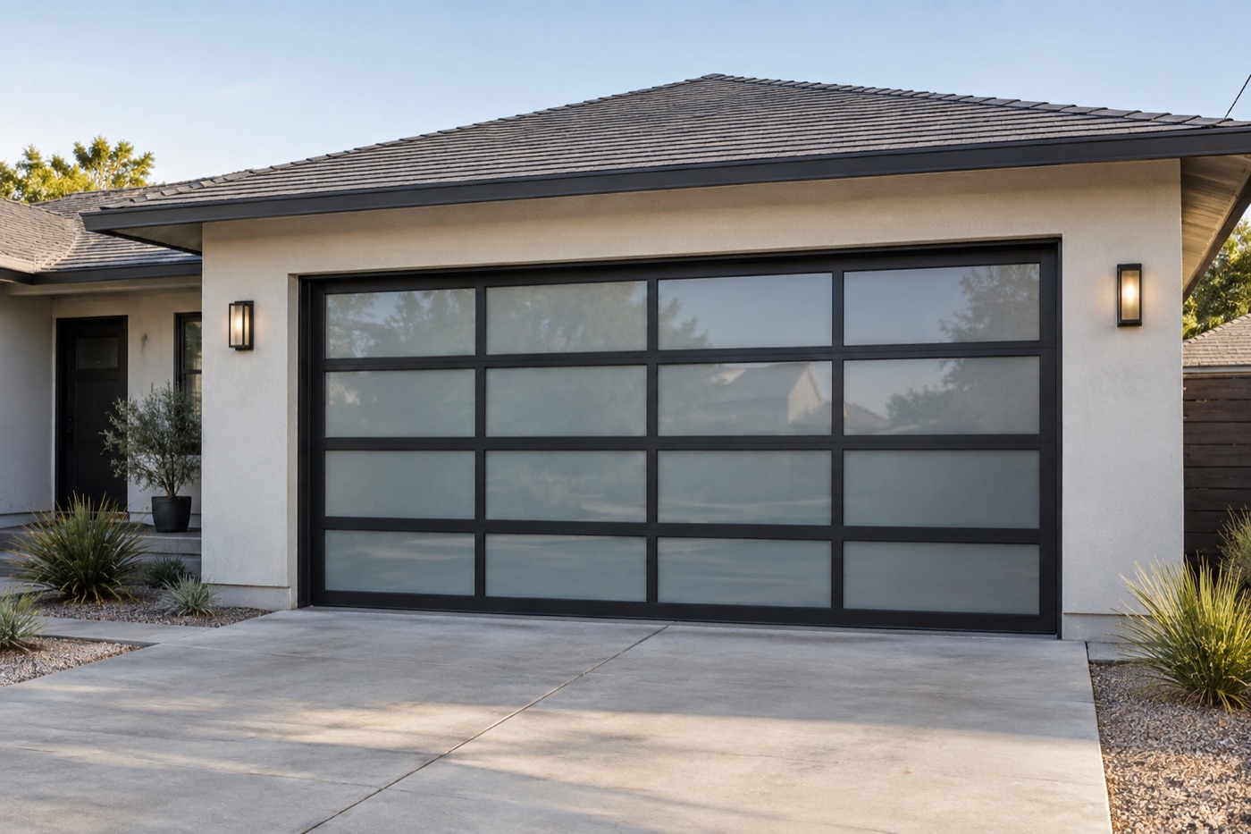 Frosted glass double garage door with a black aluminum frame