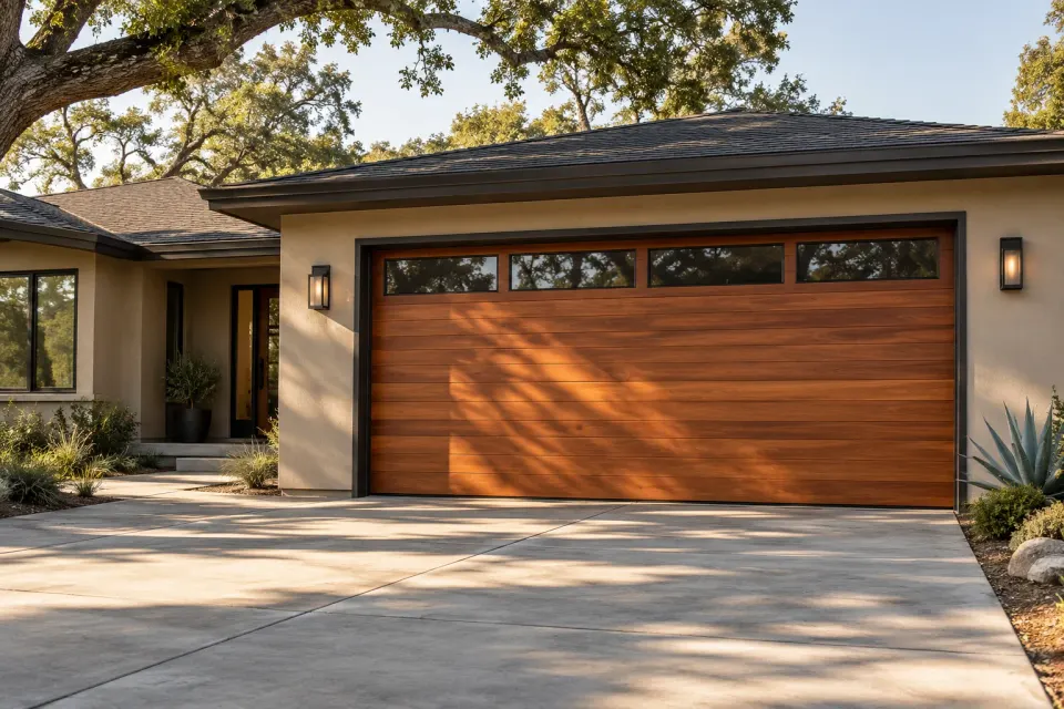 Natural wood garage door style inspiration for a California-style home