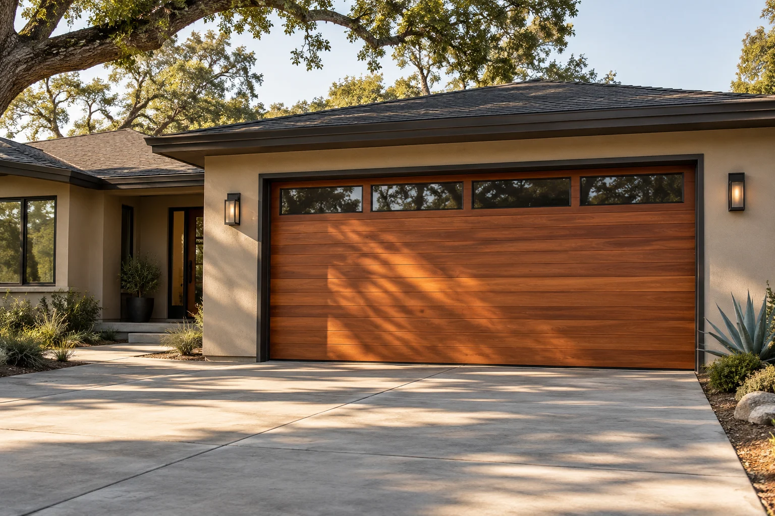 Warm wood garage door on a California home
