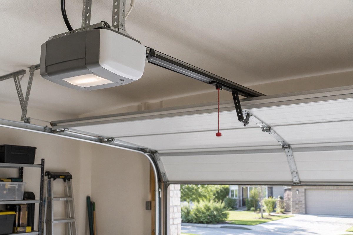 Ceiling-mounted garage door opener, rail, and release cord