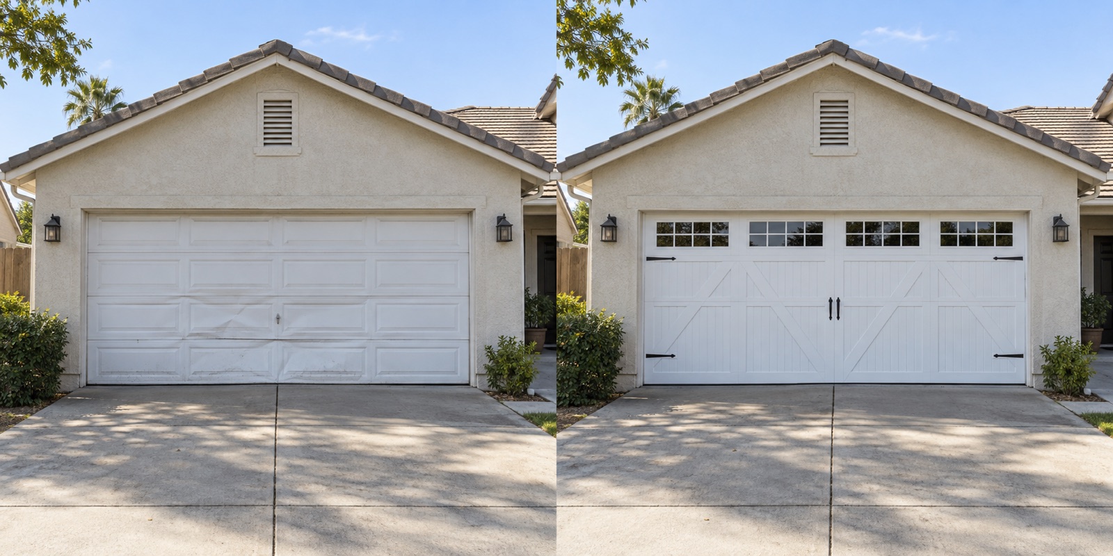 Dented white garage door on a stucco house